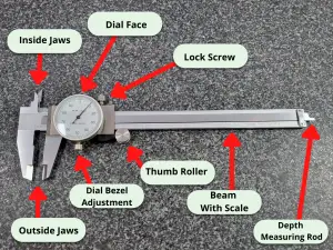 dial caliper with parts labeled