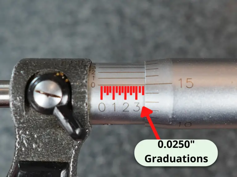 closeup of a micrometer with the 0.0250" graduations identified