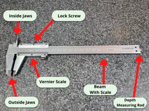 vernier caliper with parts labeled