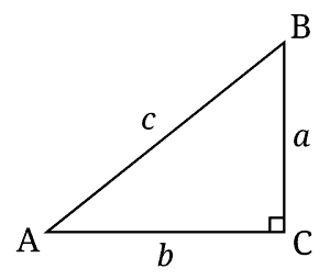 right triangle with sides and angles identified