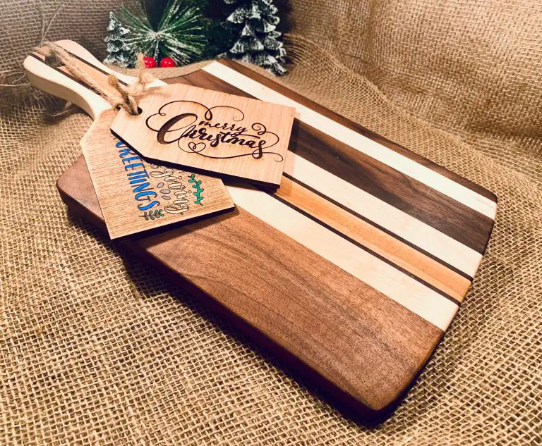 a cutting board with a gift tag