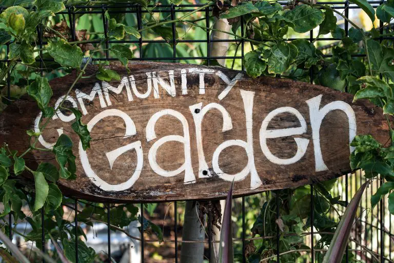 outdoor sign on a fence that reads community garden