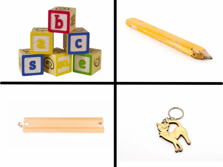 letter blocks, carpenter pencil, train track and a key chain