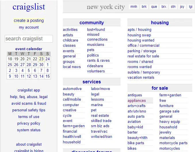 the new york craigslist home page