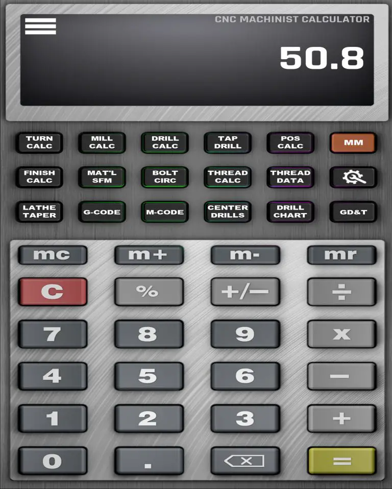 screenshot of CNC machinist Calculator Pro app showing calculator feature