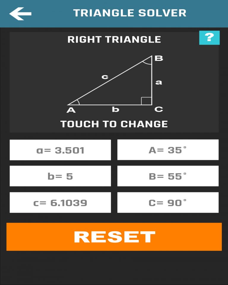 screenshot of CNC machinist Calculator Pro app showing trigonometry solver