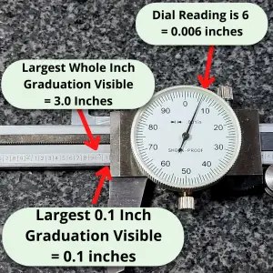 a picture of a dial caliper with the instructions about how to read a measurement