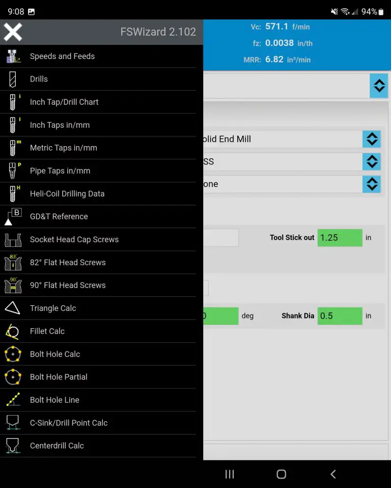screenshot of FS wizard app showing the navigation menu