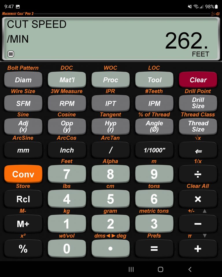screenshot of Calculated Industries Machinist Calc Pro 2 App showing cutting speed