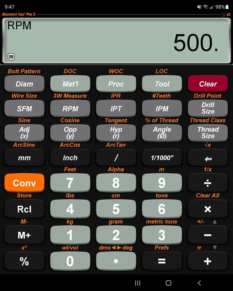screenshot of Calculated Industries Machinist Calc Pro 2 App showing rpm