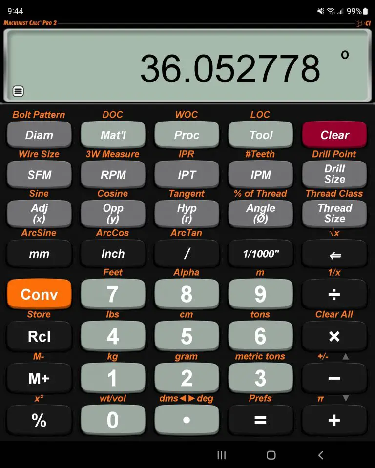 screenshot of Calculated Industries Machinist Calc Pro 2 App showing decimal degrees