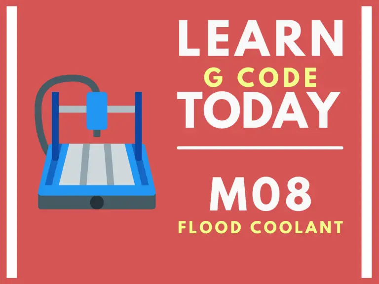 a graphic of a cnc machine with text that says learn g code today m08 flood coolant