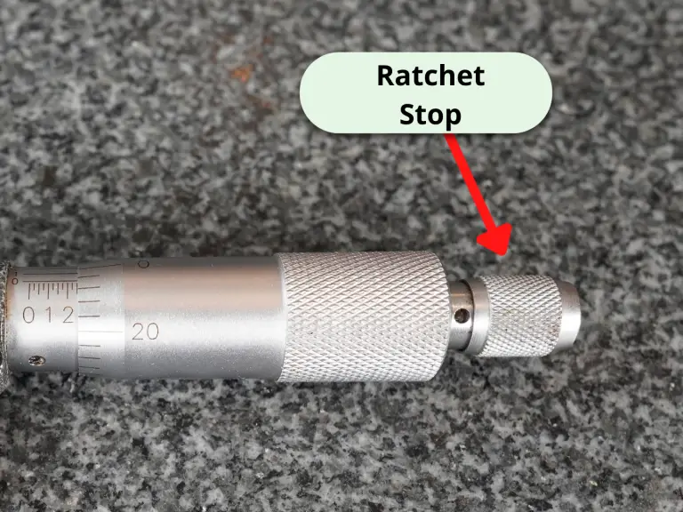 closeup of a micrometer with the ratchet stop identified