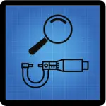 an icon with a magnifying glass and a micrometer