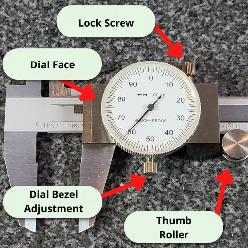 Dial Caliper Parts – Dial the dial face of a dial caliper with the lock screw, dial face, dial bezel adjustment and thumb roller identified